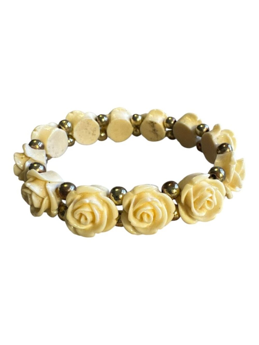 Hand-Carved Cream Rose Stretch Bracelet With Gold Beads - Womens Jewelry - 7" El